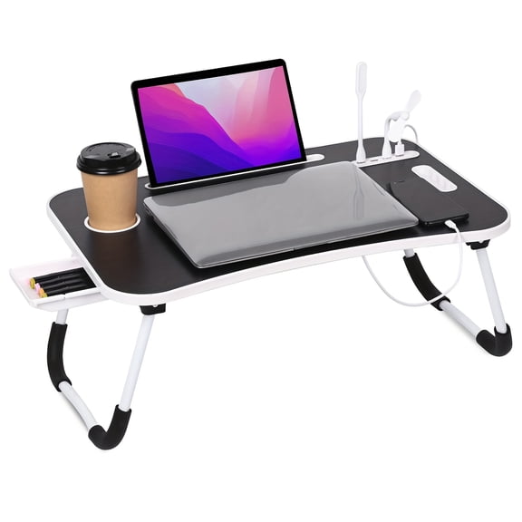 Portable Laptop Table with USB, Drawer, Pad & Cup Holder - Fits 17" Laptops, Includes Mini USB Lamp & Fan