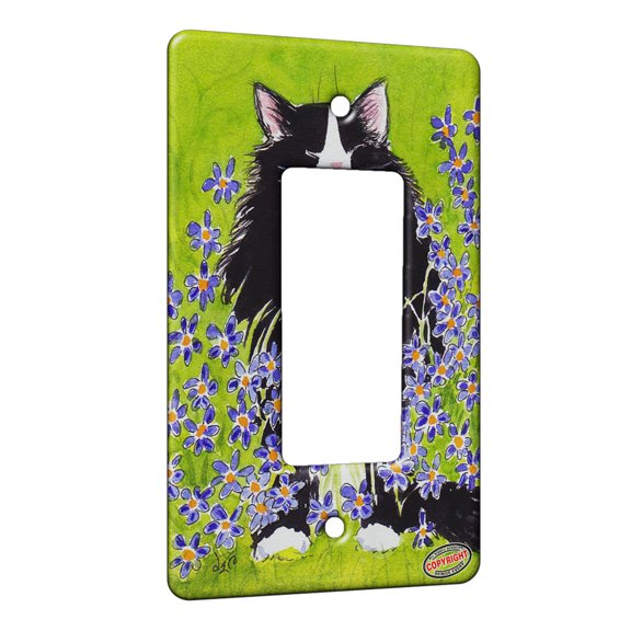 KuzmarK™ 1 Gang Rocker Wall Plate - Tuxedo Maine Coon Cat with Blue Eyed Grass Art by Denise Every
