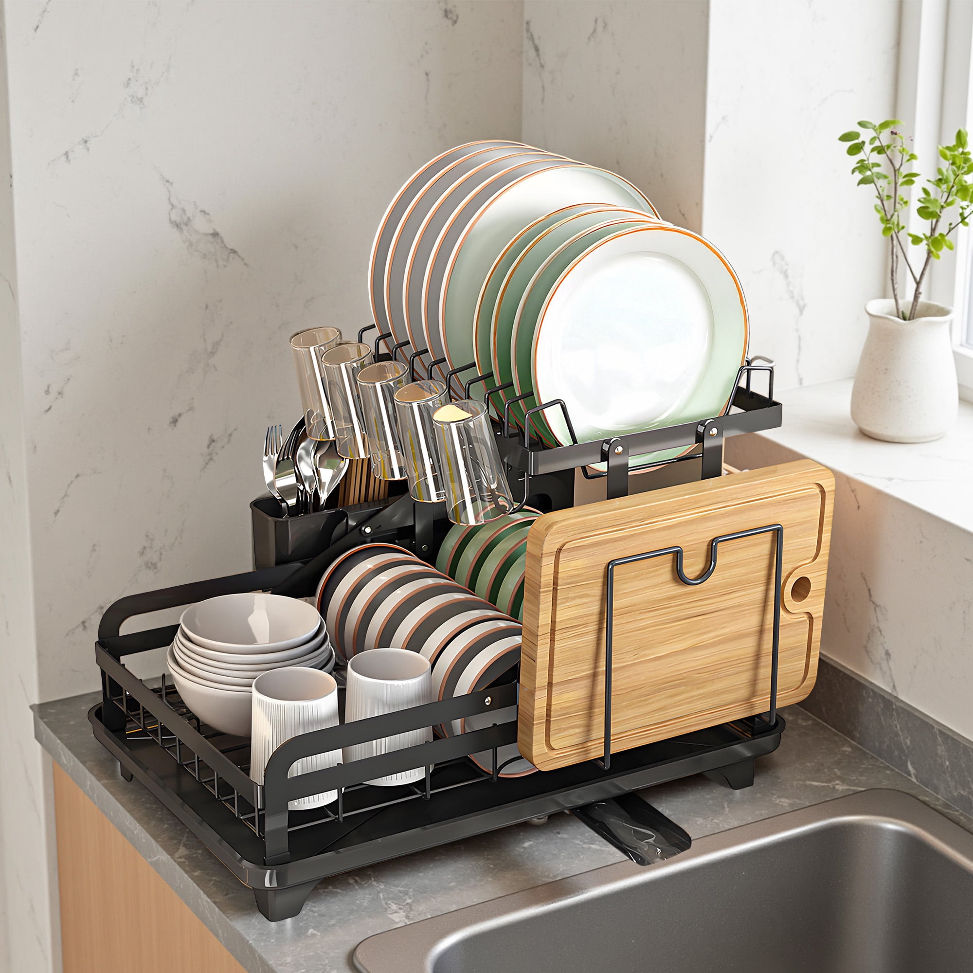 Storvive Large 2-Tier Carbon Steel Dish Drying Rack with Drainboard, Glass & Utensil Holders
