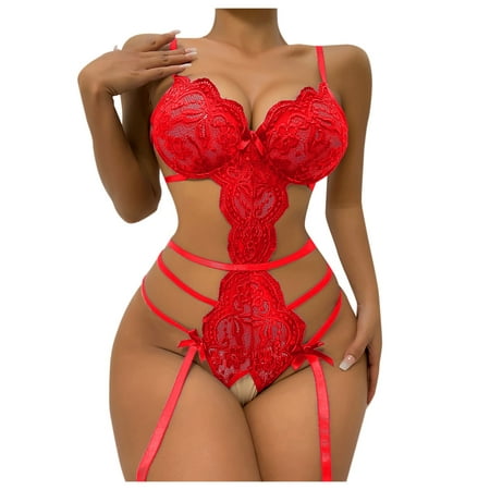 

DNDKILG Lace Sleepwear Teddy One Piece Plus Size Babydoll for Women Strappy Sexy Crotchless Bodysuit Lingerie Red S