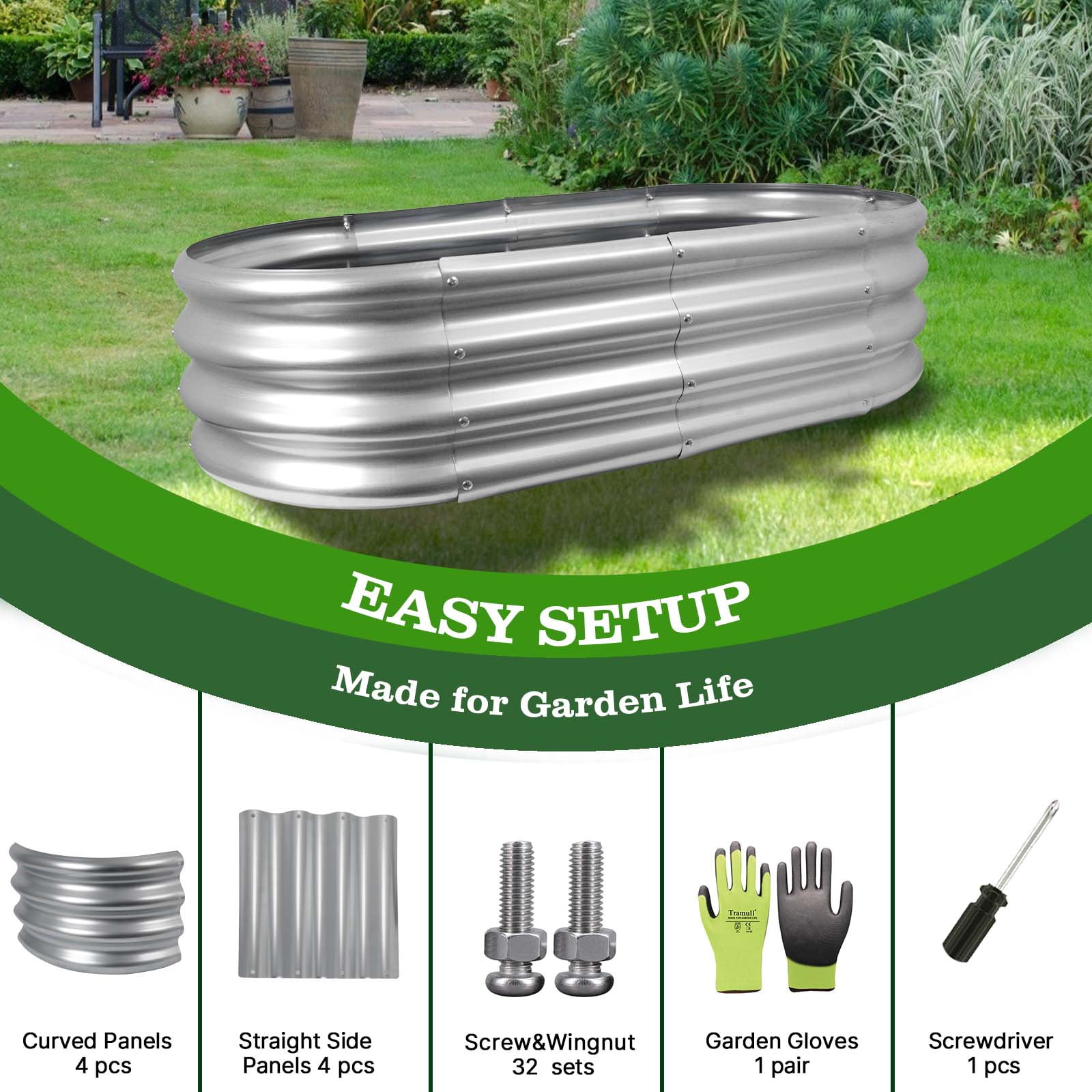 TRAMULL 4*2*1FT Raised Garden Bed Kits, Outdoor Oval Metal Galvanized Ground Planter Garden Boxes for Planting Plants Vegetables