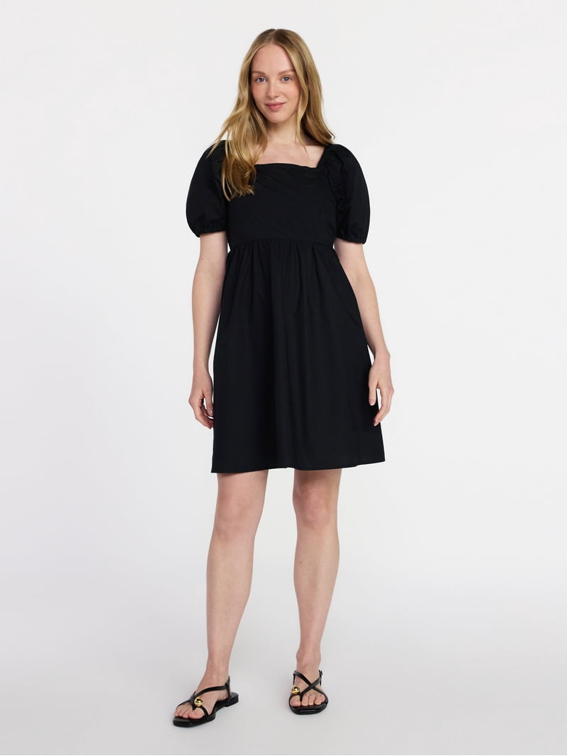 Time and Tru Women's and Women's Plus Tie Back Mini Dress with Puff Sleeves, Sizes Xs-4x, Black Time and Tru Women's and Women's Plus Tie Back Mini Dress with Puff Sleeves, Sizes Xs-4x, Black