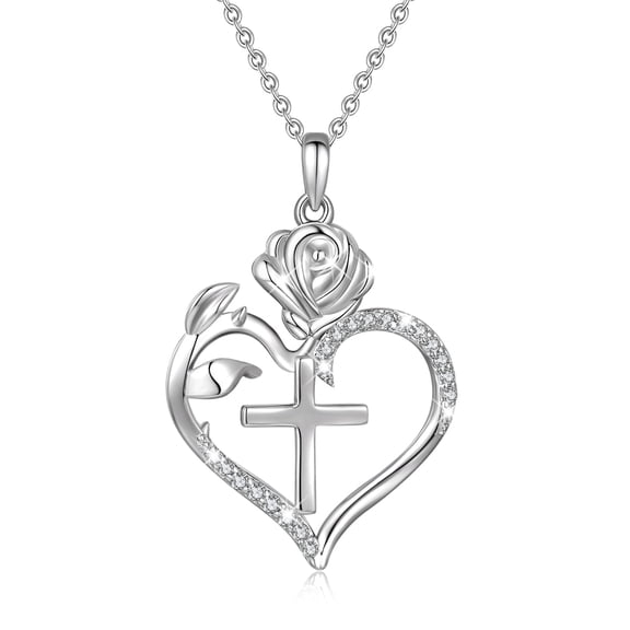 Heshpaws  925 Sterling Silver Cross Necklace, Rose Heart Pendant Necklaces for Women, Elegant Cross Chain Jewelry Gifts with Gift Box, Ideal Mother's Day Gifts for Women Mom