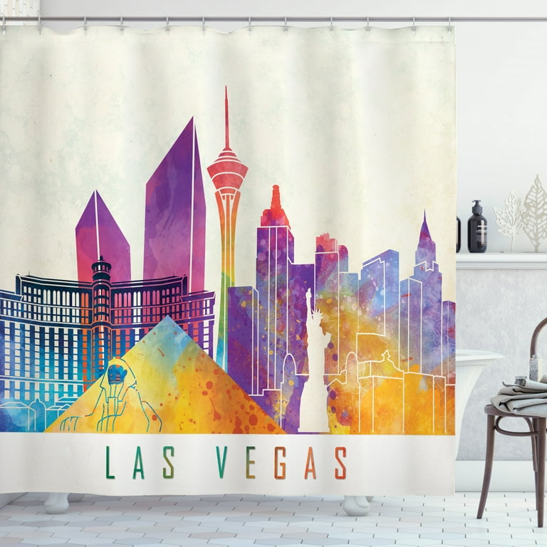 Las Vegas Shower Curtain, Colorful Landmarks in Las Vegas Pyramid and  Statue of Liberty in Watercolors, Fabric Bathroom Set with Hooks, 69W X 70L  Inches, Multicolor, by Ambesonne 