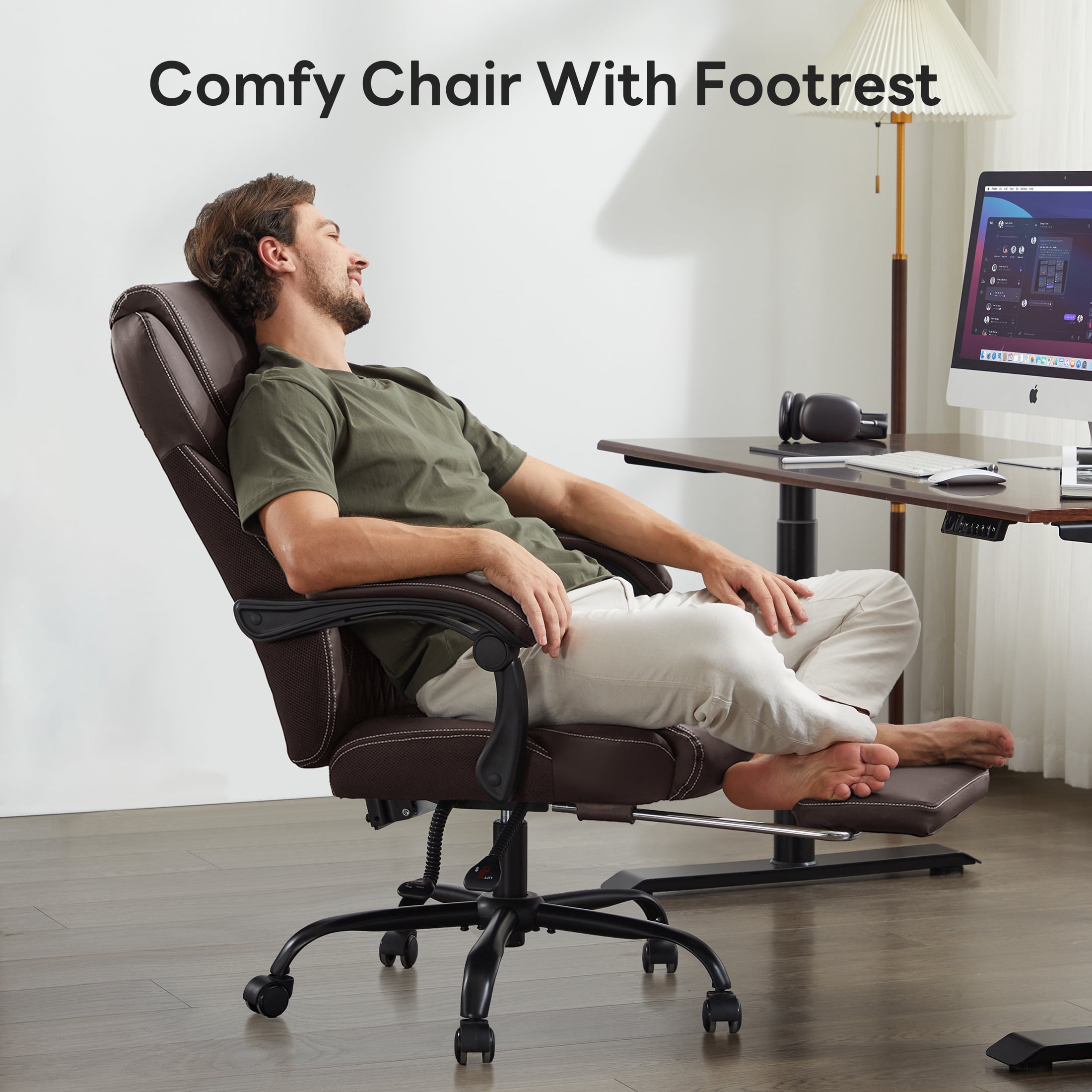 TMV Office Chair,Ergonomic Big and Tall Office Chair with Foot Rest,Executive Chair for Home Desk, Reclining High Back Leather Chairs with Lumbar Support,Brown