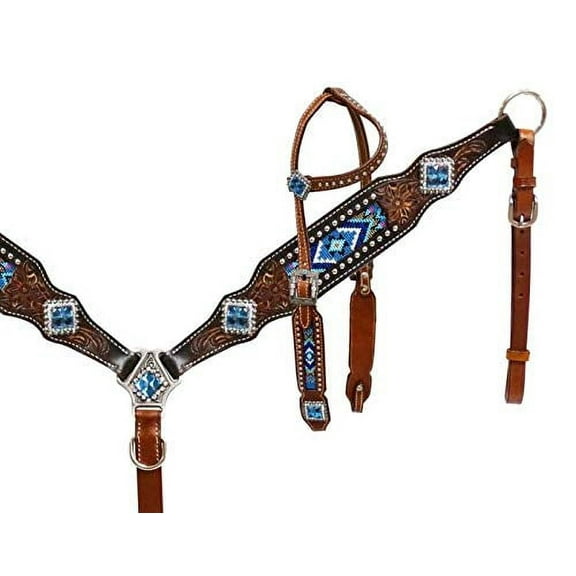 Showman Tooled Leather Headstall & Breast Collar Set w/ Blue Beaded Inlays