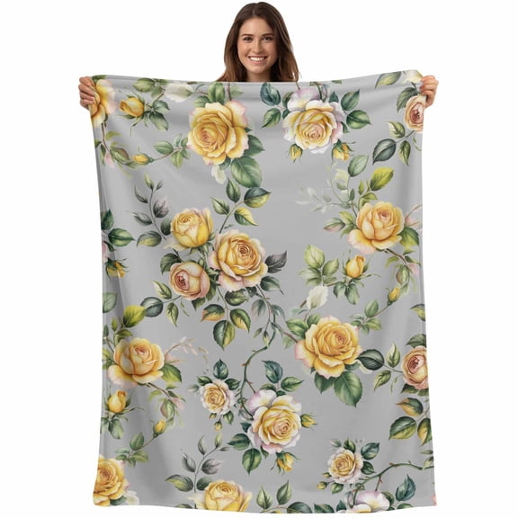 Yellow Rose Blanket Soft Cozy Warm Throw Blanket for Couch, Plush Fuzzy Flannel Fleece Blankets for Sofa, Vintage Country Botanical Floral Vines Bed Blankets Lightweight Gifts for Women, 50"x60"