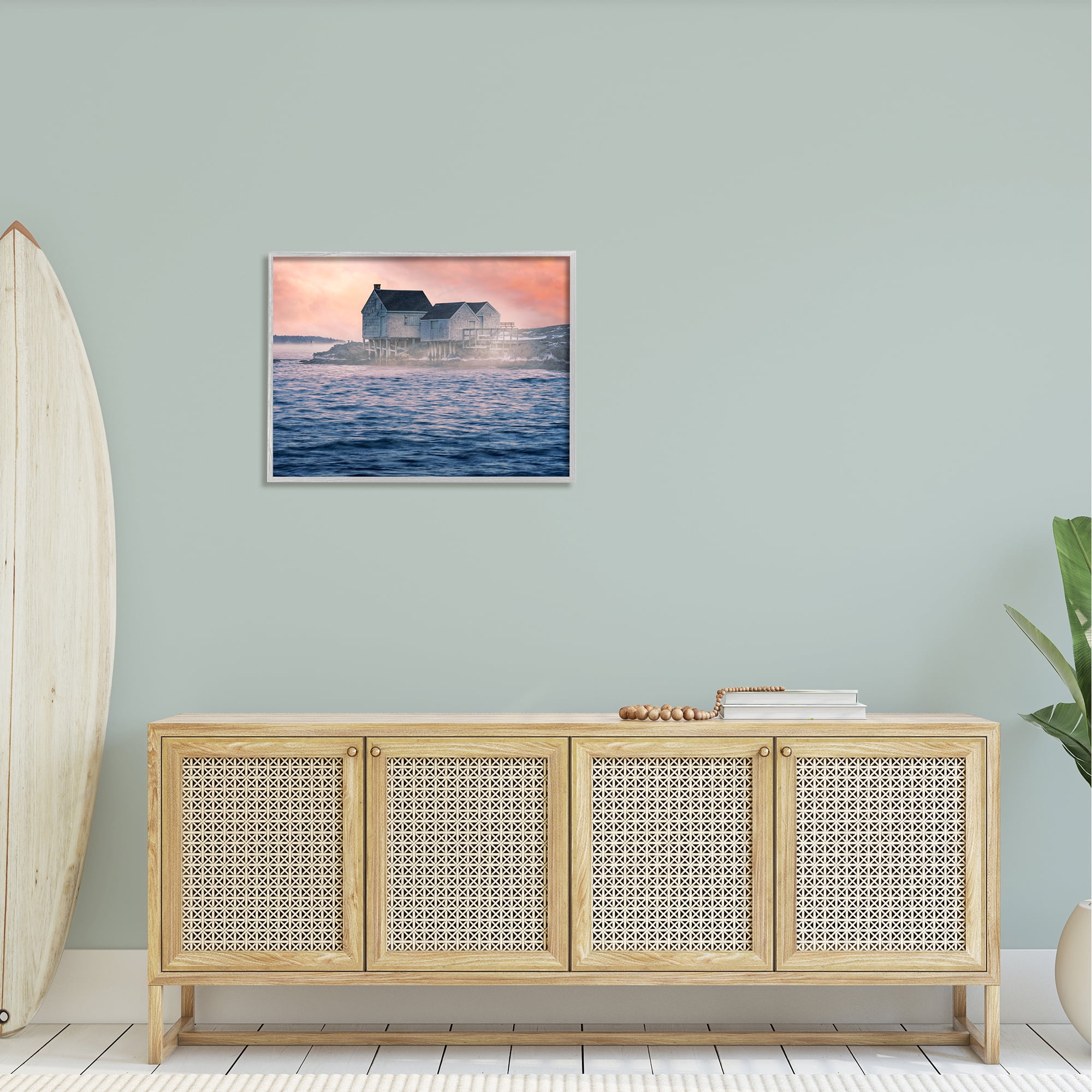 Stupell Coastal Cottage Seaside Ocean Waves Landscape Photography Gray Framed Art Print Wall Art