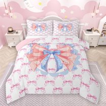 Castle Fairy Kawaii Bow Knot Girl Boy Full Size Comforter Sets 3-Piece,Cartoon Ribbon Bow-Tie Bedding Comforter Set,Dreamy Princess Lightweight Bedding Sets,Luxury Bedroom Decor,Reversible