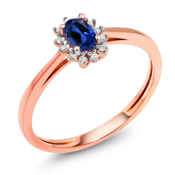 Gem Stone King 0.48 Ct Oval Blue Created Sapphire White Diamond 18K Rose Gold Ring (Size 8)