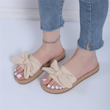 

Cathalem House Slippers for Women Open Toe Ladies Fashion Solid Color Cloth Bow Decoration Straw Woven Hotel Slippers for Women Beige 8.5