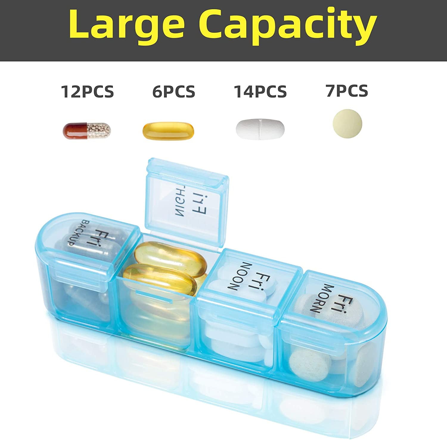 Anself Portable Pill Organizer Storage Box Weekly Prescription and Medication Case 7 Days 4 Times A Day Morning Noon Afternoon Night 28 Slots