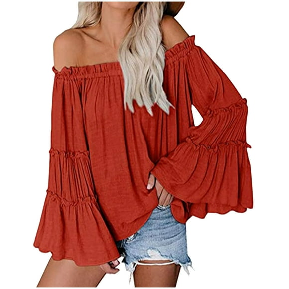 HongQid Womens Off The Shoulder Long Bell Sleeve Tops Flared Casual Loose Blouse