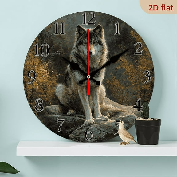 2D Flat 1pc 10Inch Cute wolf king pattern wooden wall clock, silent clock with rock, forest background, suitable for living room, bedroom, kitchen, office decoration, modern home art decoration
