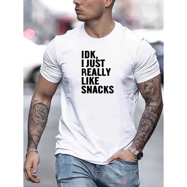 IDK, I JUST REALLY LIKE SNACKS Print, Men's Novel Graphic Design T-shirt, Casual Comfy Tees For Summer, Men's Clothing Tops For Daily Activities