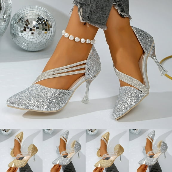 Women's High Heels Rhinestone Wedding Shoes Casual Fashionable Sparkling Comfortable Two-way Wear Summer Fall Stylish Footwear