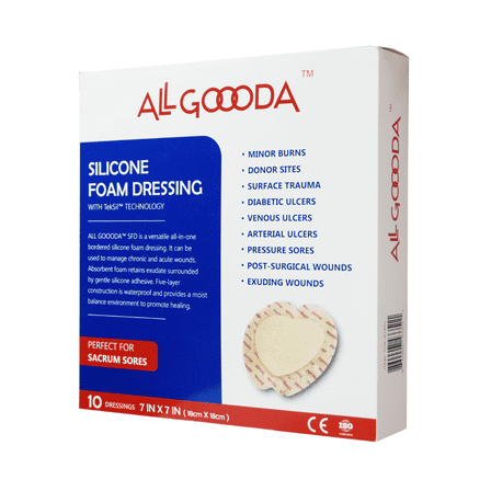 ALL GOOODA Silicone Foam Dressing 7x7, Box of 10, Sacrum, Pressure Bed Sore Pad, Adhesive with Border