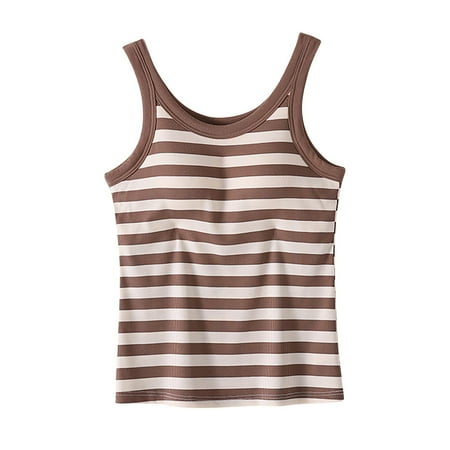 UYISJ Women s Striped Tank Top with Built in Bra Slim Fit Stretchy Camisole Padded Shirt Casual Summer Yoga Top