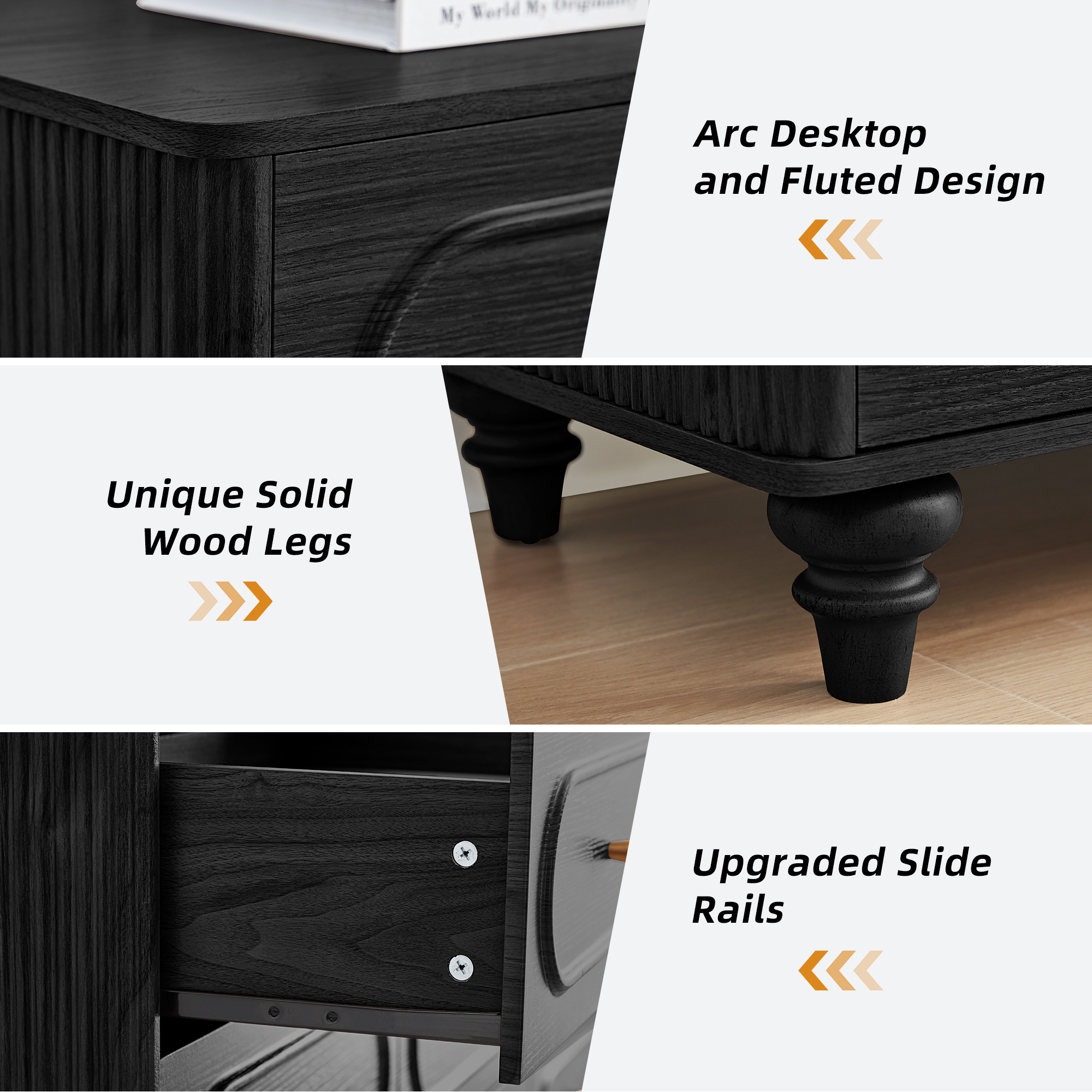 Weselon 9 Drawer Fluted Dresser for Bedroom, Mid Century Chest of Drawers with Arc Edge, Wood Storage Large Dresser Organizer for Bedroom Living Room Hallway Closet, Black
