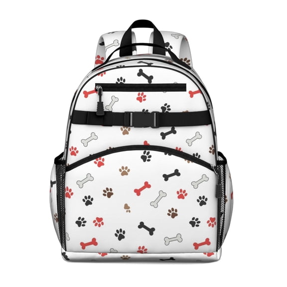 Dog Paw Print and Bones Multicolor Cute School Backpack Bag for School with Padded Back and Adjustable Shoulder Straps 15.25"x11.5"x5.25"