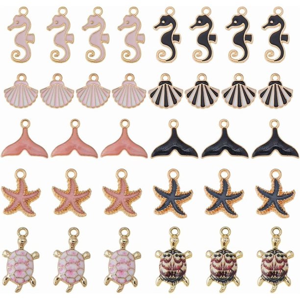 40 piezas de 10 estilos de dijes de océano a granel, dijes de animales marinos, dijes de aleación de esmalte, colgantes de playa, dijes de concha, estrella de mar, dije de caballito de mar colorido