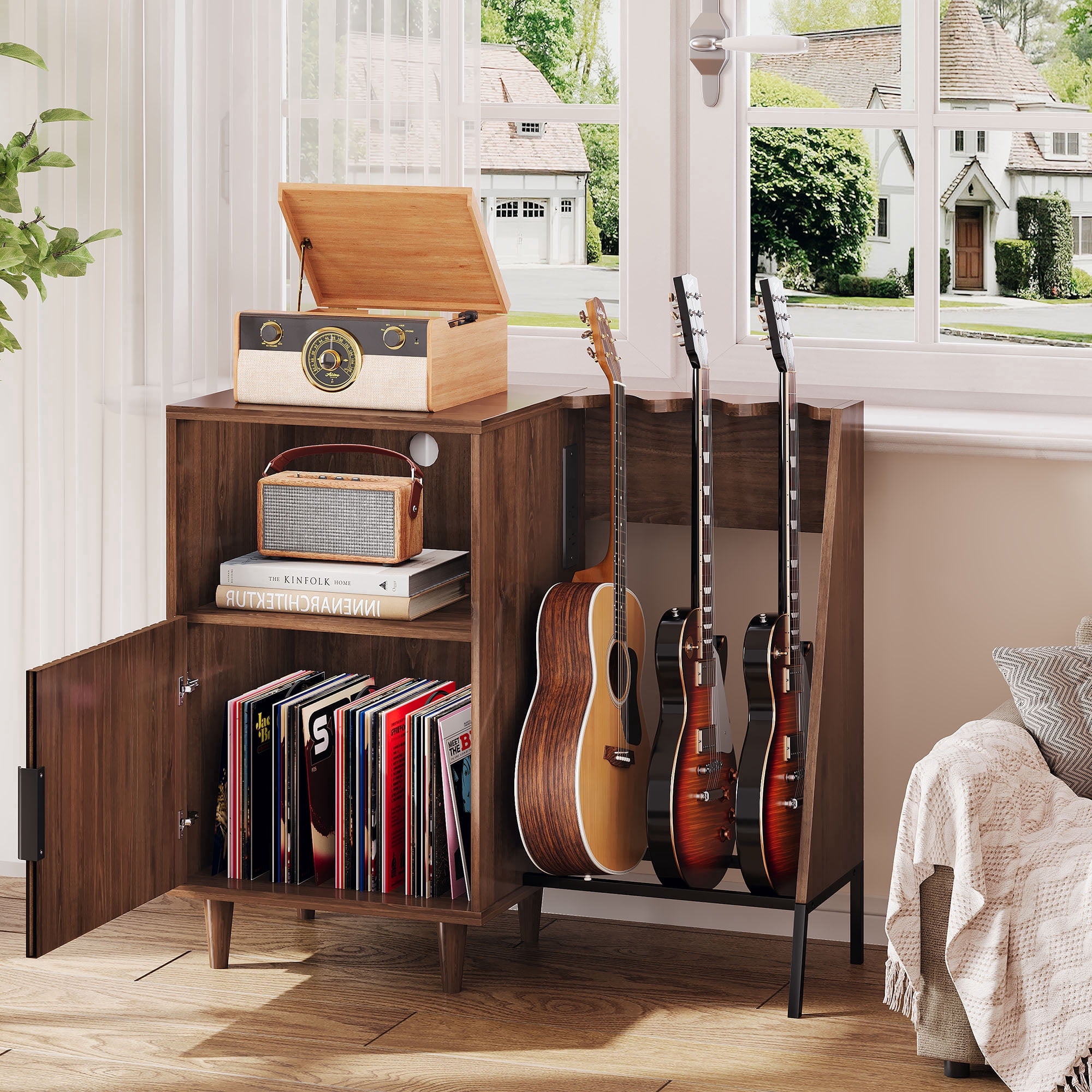 WARAYZ Guitar Stand & Record Player Shelf, Vinyl Record Organizer Cabinet, Acoustic/Electric Guitar Rack with Built-in Power Outlet & Speaker Storage