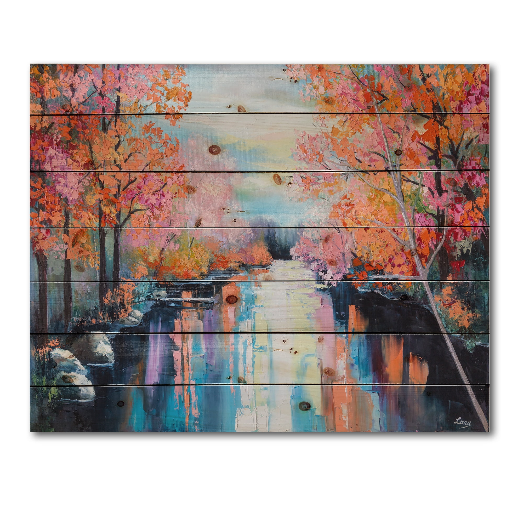 Designart 'The River Through Orange Autumn Forest' Lake House Print on Natural Pine Wood