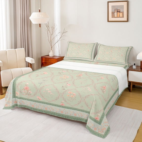 Homewish Vintage Flowers Twin Sheet Sets 3pcs for Teenagers,Abstract Geometric Plaid Twin Fitted Sheet Microfiber,Chic Floral Blossoms Breathable Flat Sheet,Ultra Soft Home Decor
