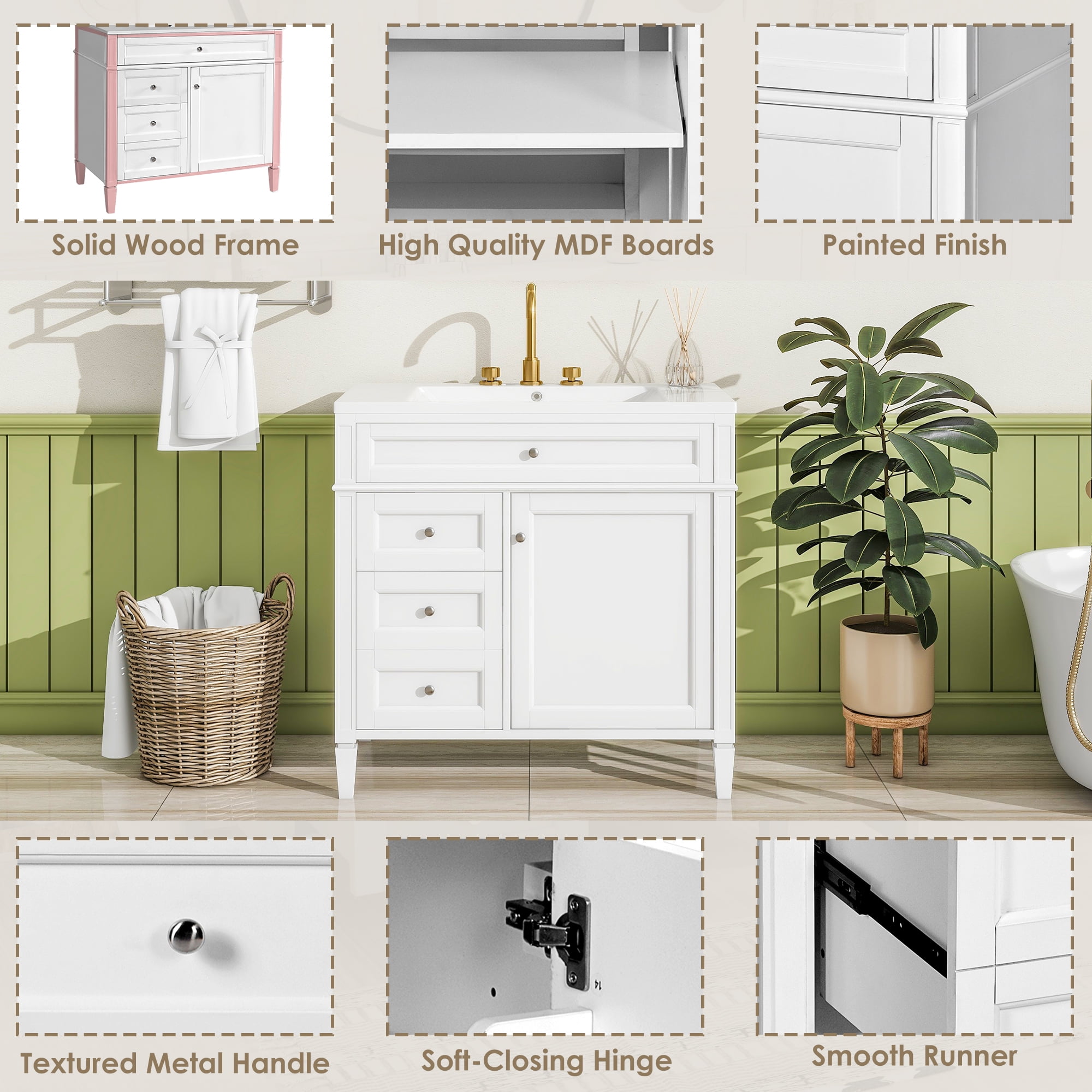 Euroco Freestanding Bathroom Vanity with Drawers and Cabinet Door Organizer, Modern Sink Cabinet, Easy Assembly