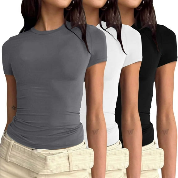 WTXUE Crop Tops Short Sleeve Tops Pack Of 3 Women'S Crew Neck T Shirt Tight Top Plain Shirt Short / Long Sleeve Slim Fit T Shirts Work Tops for Women Basic Tops for Woman T Shirts for Women Beige L