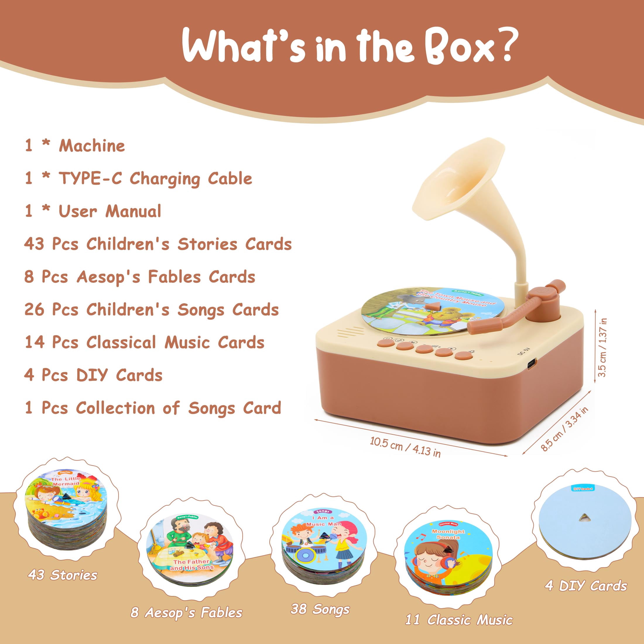 Kids Phonograph with 96 Cards, Kids Record Player with Story and Music Records , Toddler Music Player, Educational Phonograph for Boys and Girls Age 3+, Toddler Toys for Early Learning (Brown)
