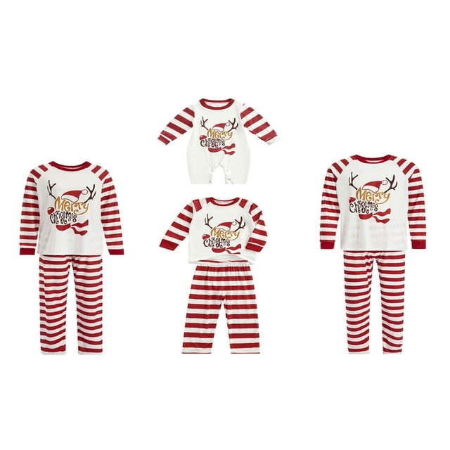 2PCS Adultes Hommes Femmes Enfants Bébé Garçons Filles Parent-Enfant Vêtements de Nuit Manches Longues Imprimé Wapiti Pantalons Blancs à Rayures Rouges Blanc Maman S