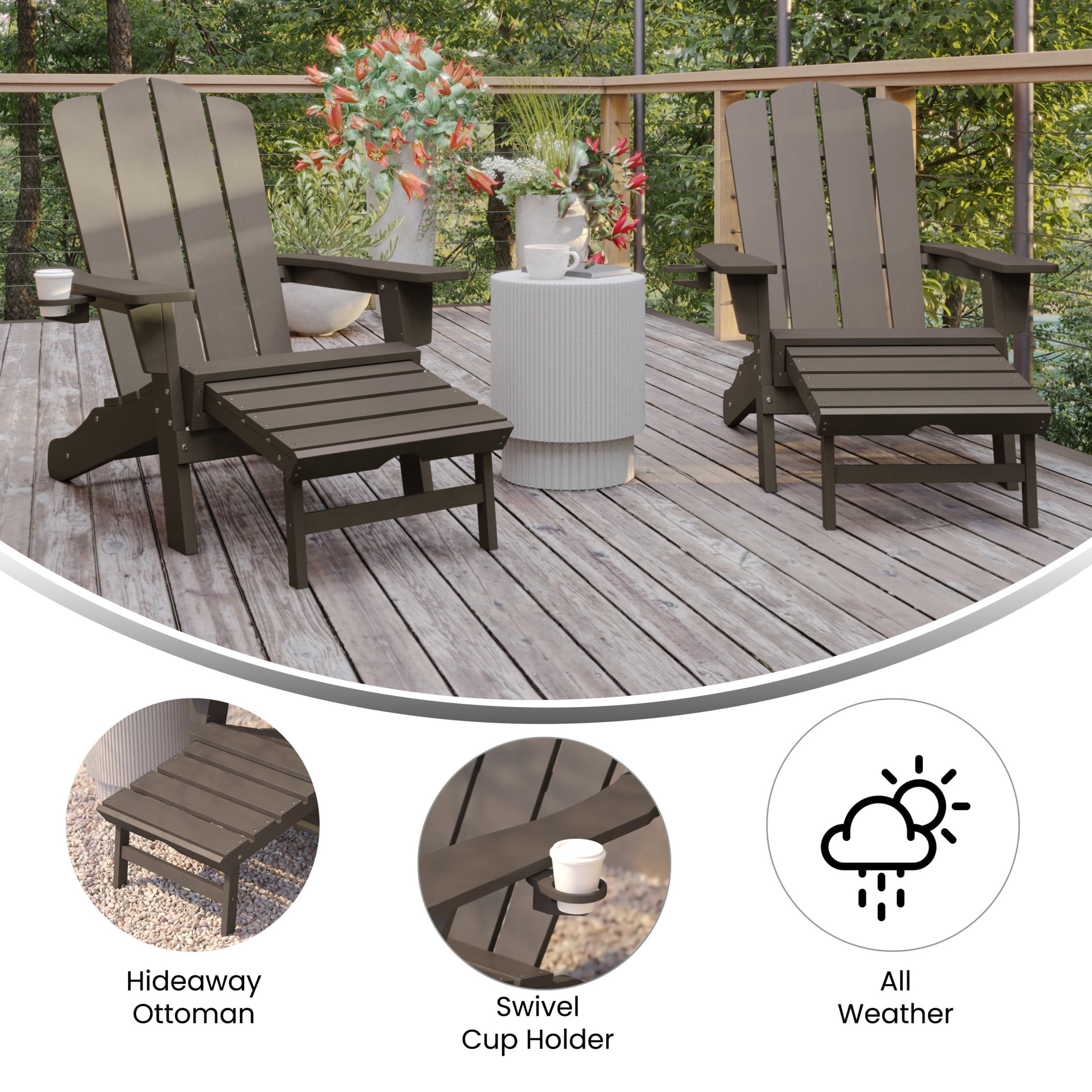 BizChair HDPE Adirondack Chair with Cup Holder and Pull Out Ottoman, All-Weather HDPE Indoor/Outdoor Lounge Chair in Brown, Set of 2