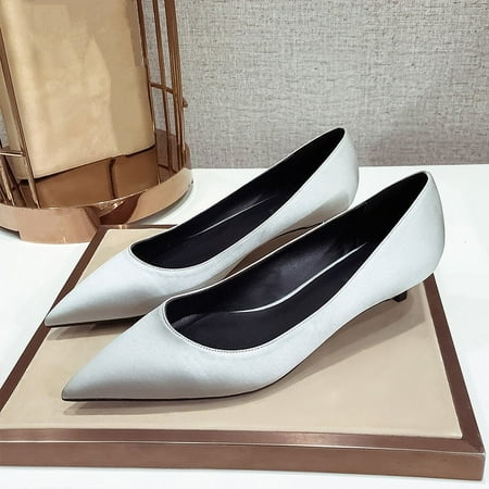 

YCNYCHCHY Female Silk Pumps Big Size Women Red navy Blue Sliver Fashion Office Work Wedding Party Shoes Ladies Low High Heels Autumn