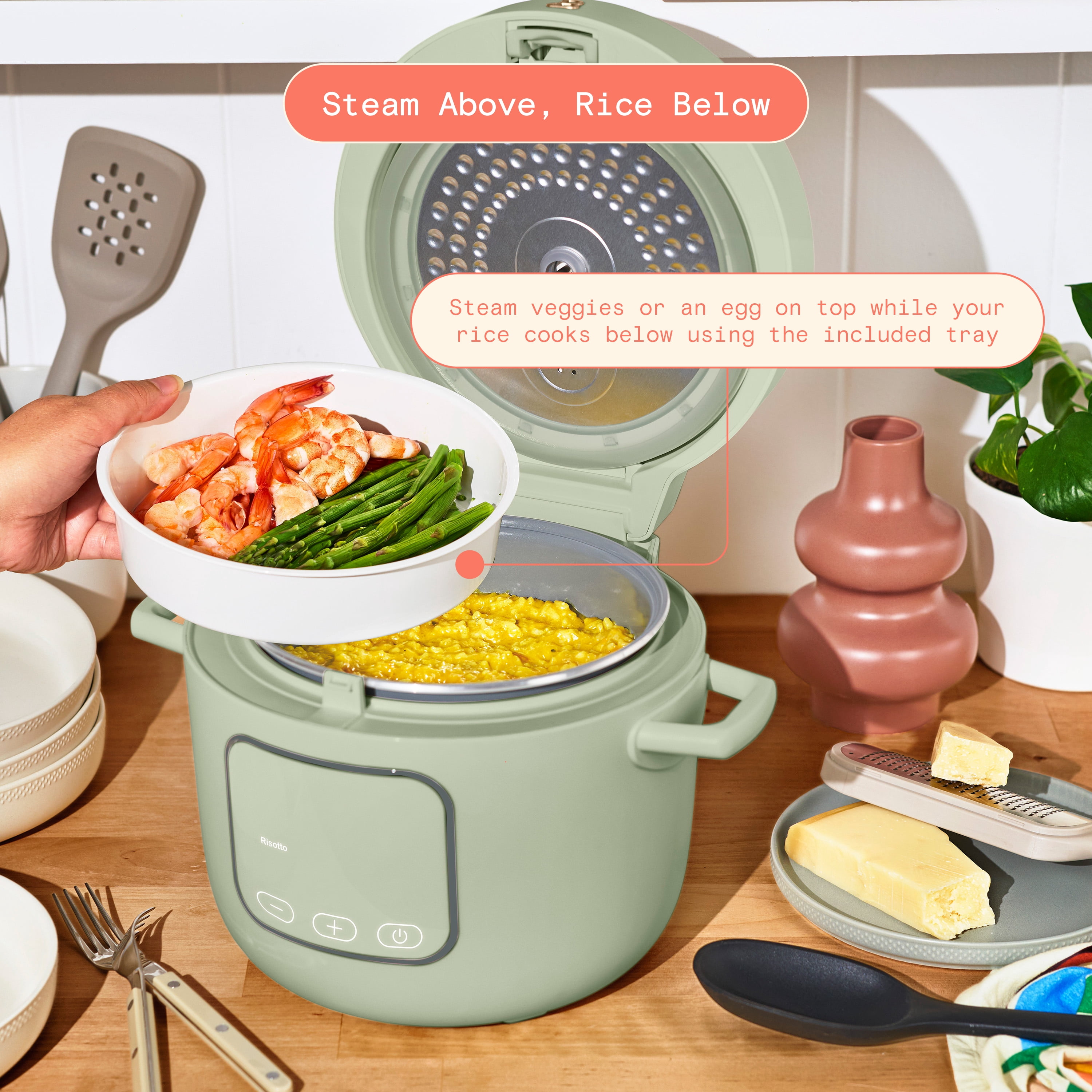 Beautiful 14-Cup Cooked, 6-Cups Uncooked Electric Rice and Grain Cooker, EverGood™ Ceramic Nonstick Coating, Sage Green by Drew Barrymore