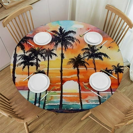 

Patifu Sunset Palm Trees Beach Round Table Cover Stain Resistant Washable Indoor Outdoor Tablecloth Kitchen Dining Wedding Parties Picnic Farmhouse 100% Polyester Fiber 54-58