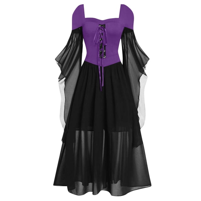 LINMOUA Women Casual Plus Size Cold Shoulder Dress Solid Color Lace Butterfly Sleeve Halloween Gothic Dress