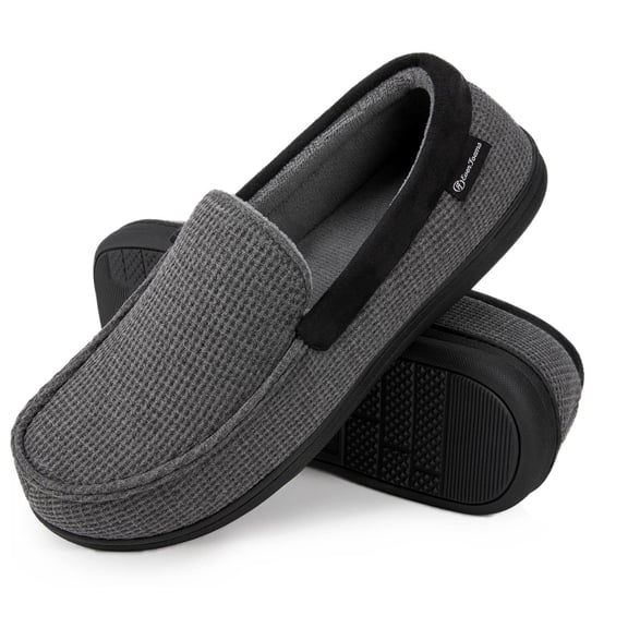 EverFoams Men's Comfort Memory Foam Moccasin Slippers Breathable Terry Cloth House Shoes with Anti-Skid Rubber Sole