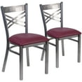thumbnail image 3 of BizChair 2 Pk. Silver Antique Finish with Clear Coat ''X'' Back Metal Restaurant Chair - Burgundy Vinyl Seat, 3 of 8