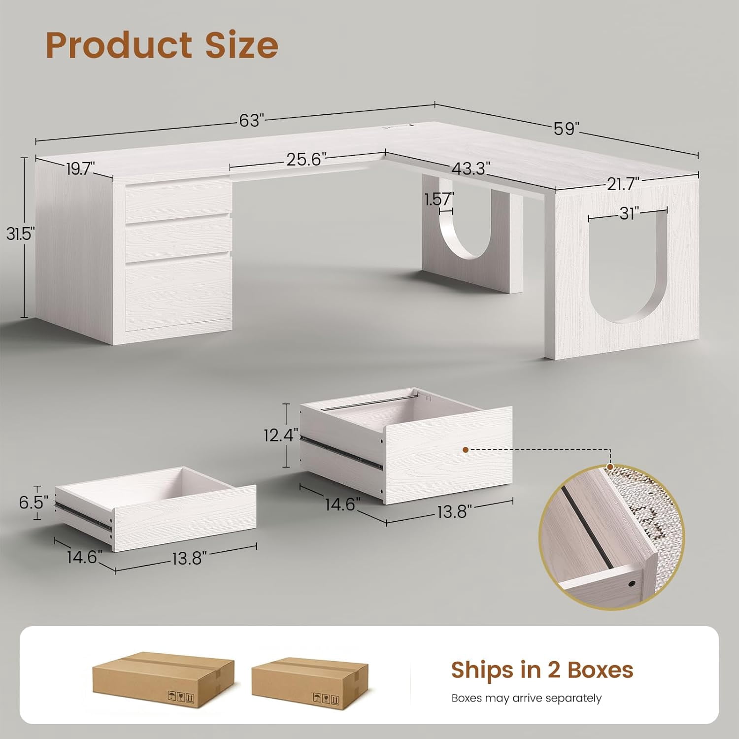 63" L Shaped Computer Desk with 3 Drawers, Modern Wood Corner Office Desk with U-Shaped Legs & Relief Texture, Executive Desk
