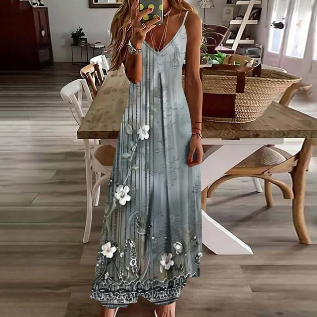 TaTaai Ladies Fashion Print Round Neck Sleeveless Maxi Dress Soft Breathable Comfortable Casual Daily Streetwear Spring Outfits Gift