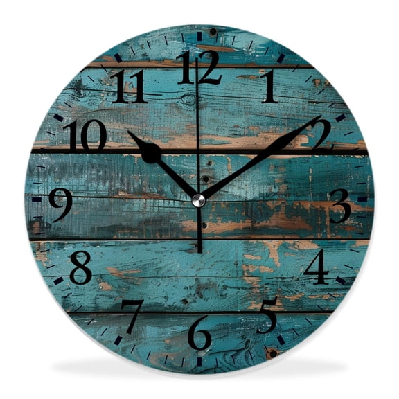 14 Inch Wall Clock Battery Operated Silent Clock Decorative for Office, Kitchen, Outdoor, Living Room，Vintage Stylish Wooden Plank Blue Retro Stunning