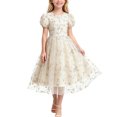 thumbnail image 2 of Girls Tulle Princess Dresses Trendy Embroidery Flower Lace Puff Sleeve Crew Neck Gown for Pageant Wedding Birthday Party Graduation Dance Prom Beige 10-11 Years, 2 of 6