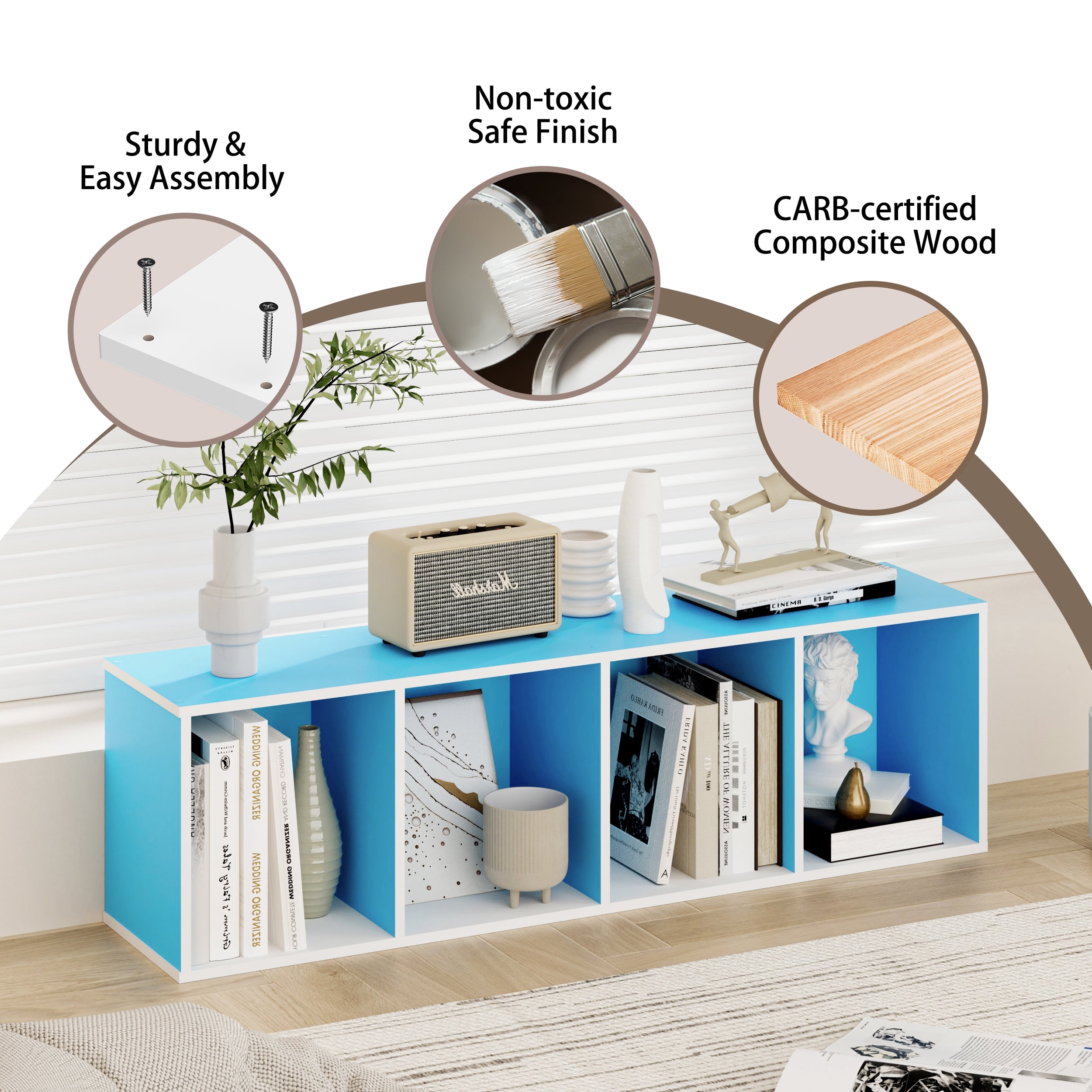 HOMLUX 9" x 12" x 42" Storage Shelf 4 Tier Cube Bookcase, Suitable for Small Space, White & Blue