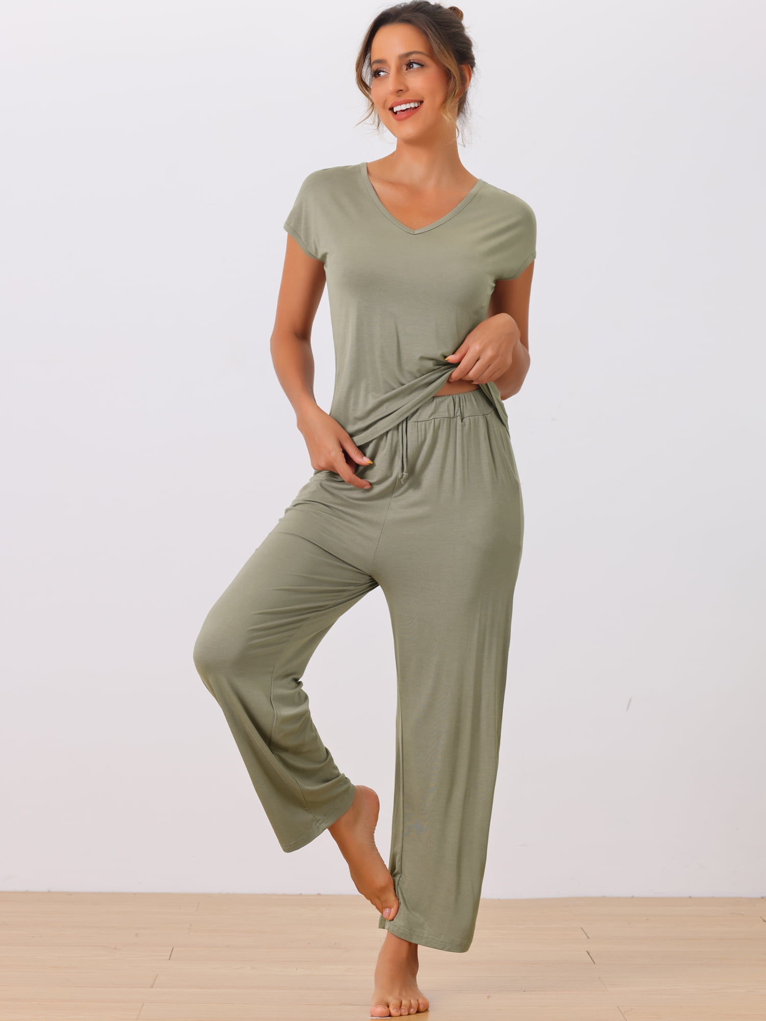 DARING DIVA Women's Short Sleeve Pajama Set Loungewear Long Pants Sweatsuit XS Grey Green