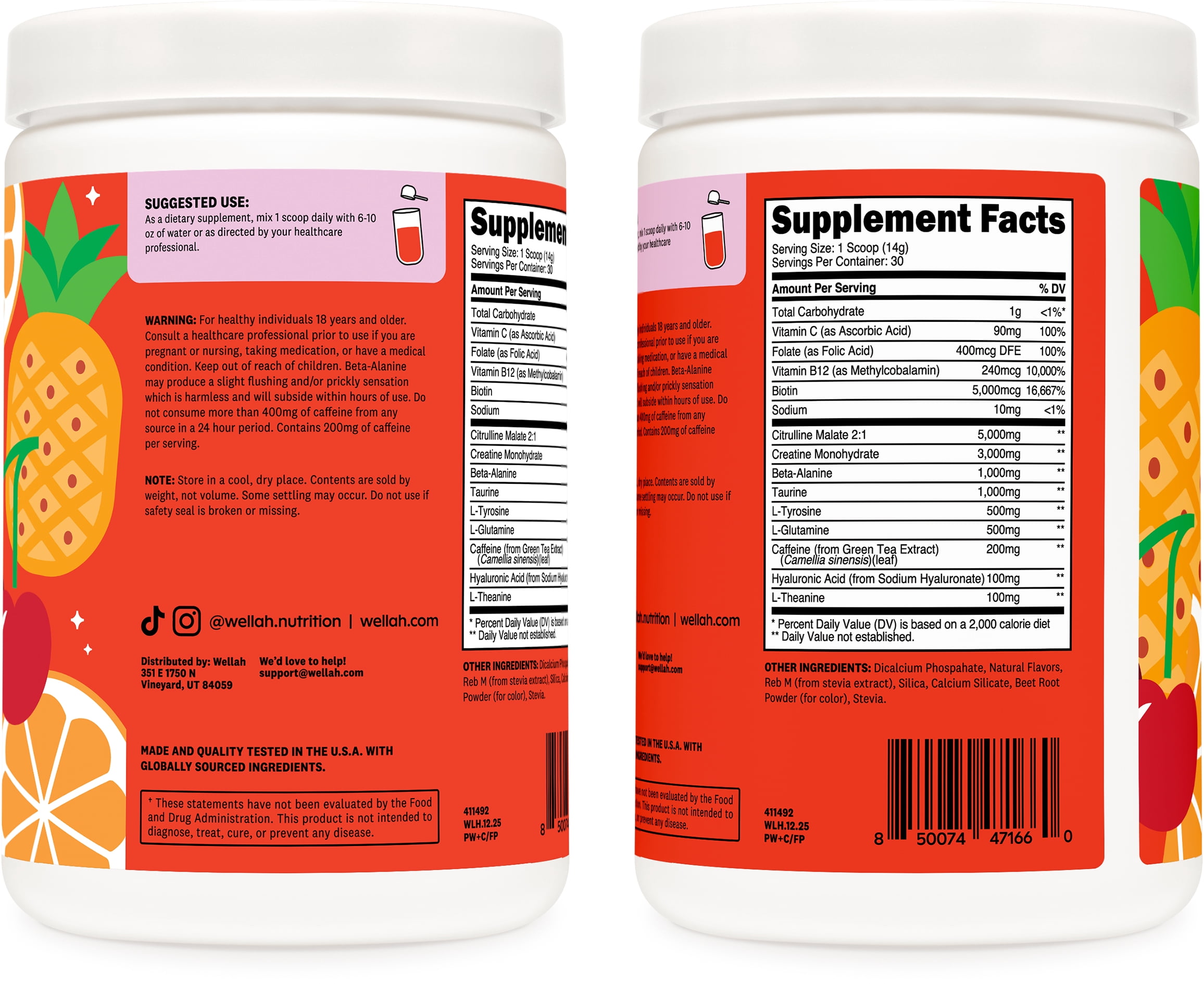 Wellah Pre-Workout + Creatine Powder (30 Servings) Fruit Punch - 200mg Caffeine, 3g Creatine Monohydrate, 5g Citrulline Malate, Pre-Workout with Creatine Supplement