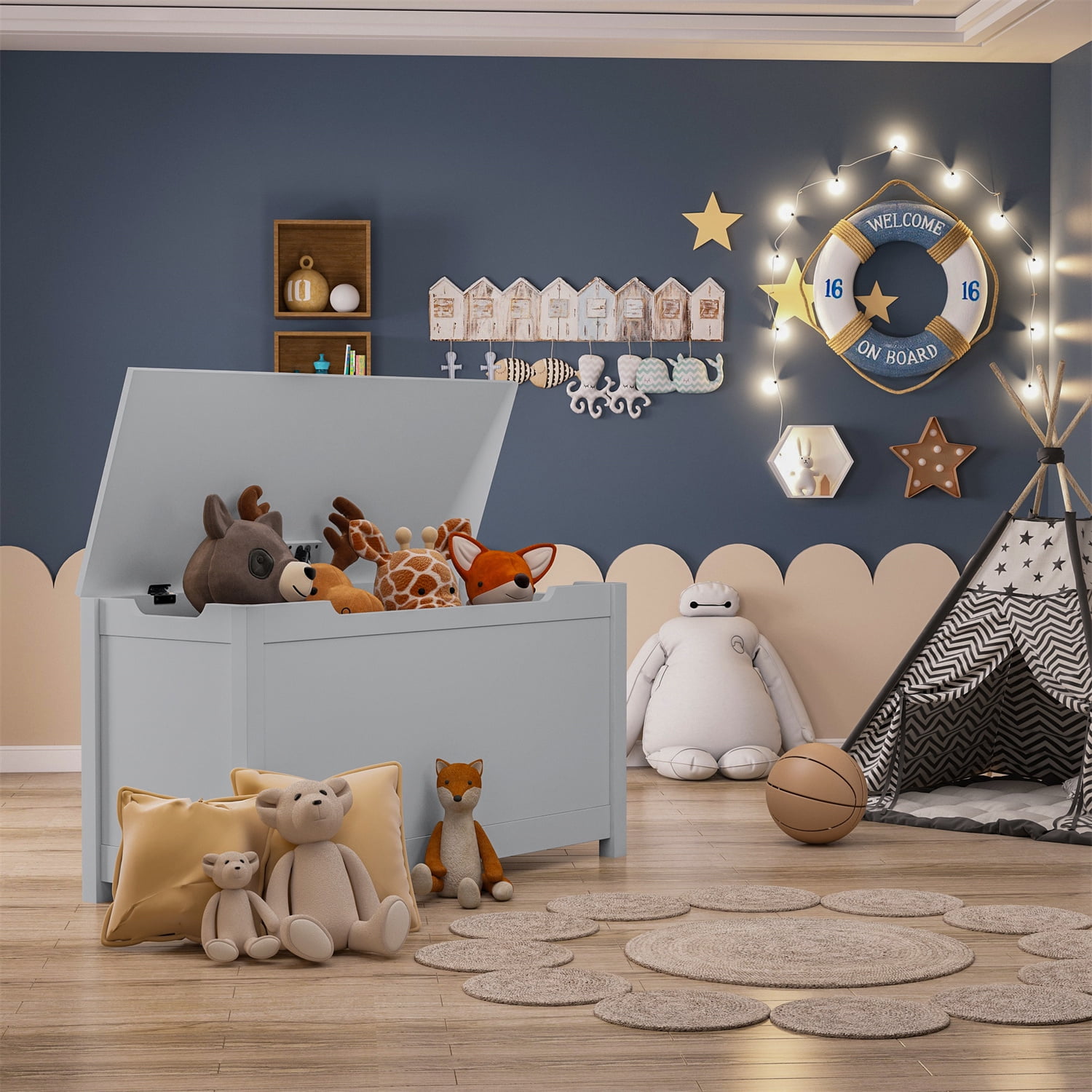 Kids Wooden Toy Box, Wide Toy Storage Organizer Toy Chest with Safety Hinged Lid, Children's Furniture Large Trunk Bench for Boys and Girls, Gray
