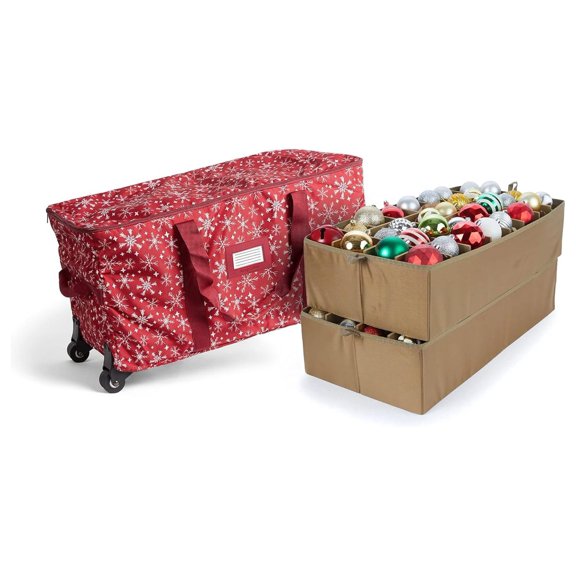 Drevy Keepsakes Rolling Adjustable Ornament Storage Bag - Carrying Handles, Padded Protection, Dual Wheels - Holiday Storage-Red Snowflake