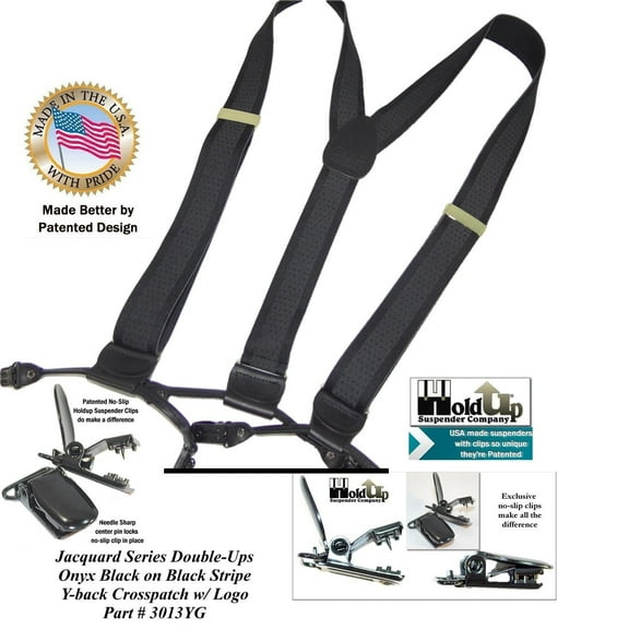 Hold-Ups Onyx Black-on-Black jacquard weave Dual Clip Y-back Suspenders with patented no-slip center pin clips