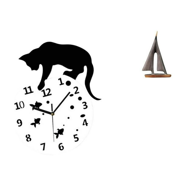 Reloj de pared silencioso con diseño de gato navegante y decoración de barco, movimiento silencioso, analógico, ideal para , comedor, esc